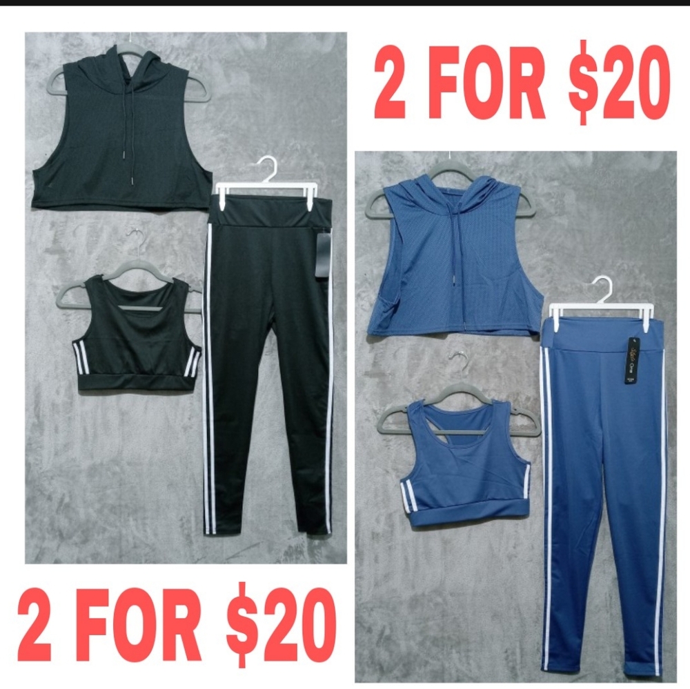 3 Piece Black and Teal Hooded Crop Top and Matching Sports bra Leggings Sets